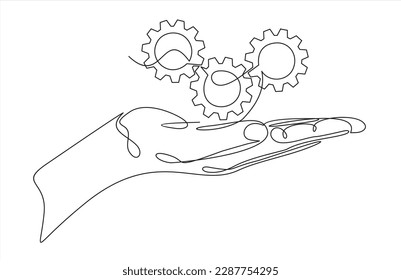 continuous one single line drawing of hand holding gears, tech development, engineering, technology	
