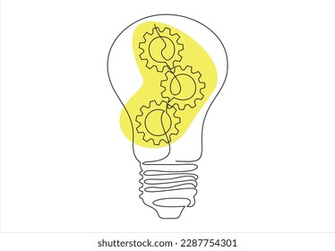 Continuous one single line drawing innovation Light bulb and gears inside icon vector illustration concept	