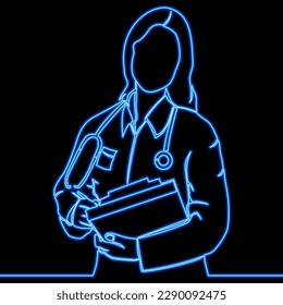 Continuous one single line drawing Woman doctor portrait. Female physician with stethoscope medical uniform icon neon glow vector illustration concept