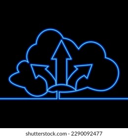 Continuous one single line drawing Cloud technology storage Cloud computing big data center icon neon glow vector illustration concept