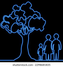 Continuous one single line drawing Silhouette Family standing together under tree icon neon glow vector illustration concept