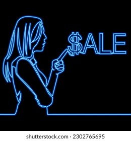 Continuous one single line drawing shopping girl and sale word icon neon glow vector illustration concept