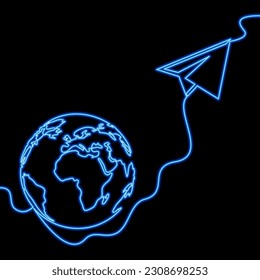 Continuous one single line drawing Paper plane International flight sign. Online travel symbol icon neon glow vector illustration concept