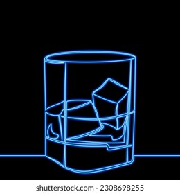 Continuous one single line drawing glass with Scotch Whiskey and ice Glass and drink icon neon glow vector illustration concept