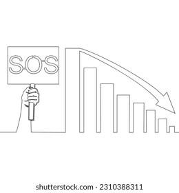 Continuous one single line drawing stock financial market crash graph chart SOS sign icon vector illustration concept