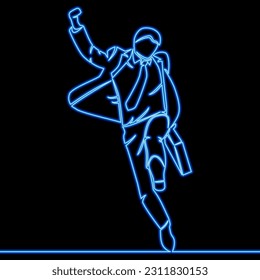 Continuous one single line drawing businessman jumping joy icon neon glow vector illustration concept