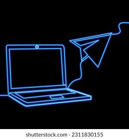 Continuous one single line drawing laptop computer with paper plane as business startup icon neon glow vector illustration concept