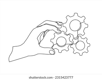 un solo plano de línea continua con engranajes de mano, desarrollo tecnológico, ingeniería, tecnología