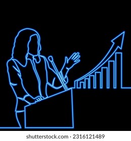 Dibujo continuo de una sola línea Mujer empresaria que ofrece un concepto de ilustración de neón resplandor de neón de presentación