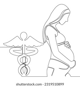 Continuous one single line drawing pregnant woman and symbol of medicine icon vector illustration concept