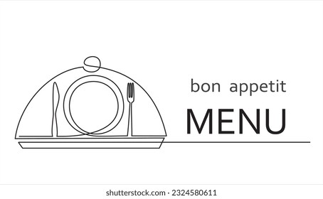 Continuous one single line drawing of plate, fork and knife under the metal cover. Menu food design. Vector illustration. 