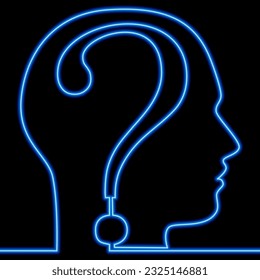 Continuous one single line drawing Question mark human head symbol Education and inspiration icon neon glow vector illustration concept