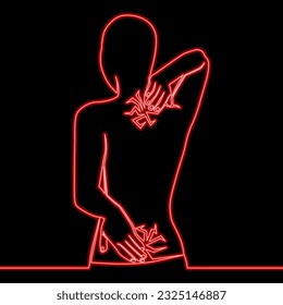Continuous one single line drawing back pain treatment icon neon glow vector illustration concept