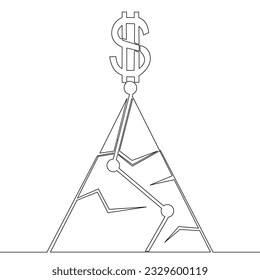 Continuous one single line drawing Dollar sign on top of a Mountain money icon vector illustration concept