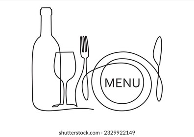 Continuous one single line drawing of plate, fork, knife, bottle of wine and glass. Menu food design. Vector illustration.