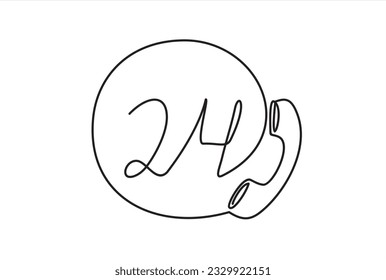 Continuous one single line drawing of 24 Hours Support icon. 24 hours Call or Twenty four hour vector illustration