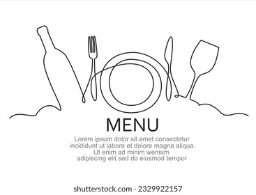 Continuous one single line drawing of plate, fork, knife, bottle of wine and glass. Menu food design. Vector illustration.