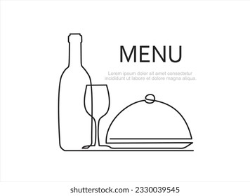 Continuous one single line drawing of bottle of wine, glass and metal cover. Menu food design. Illustration with quote template. Can used for menu restaurant sketch