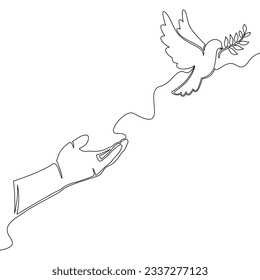 Continuous one single line drawing hand releases dove of peace Hope bird icon vector illustration concept