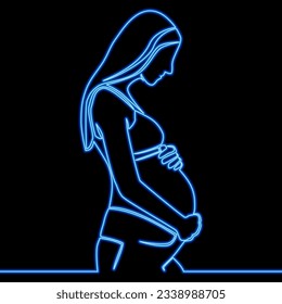 Continuous one single line drawing Pregnant woman, future mom, standing and hugging belly with arms icon neon glow vector illustration concept