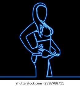 Continuous one single line drawing Woman lost weight Good diet icon neon glow vector illustration concept