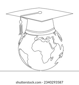 Continuous one single line drawing graduation cap on planet Earth E-learning distance graduate certificate program Internet education course degree icon vector illustration concept