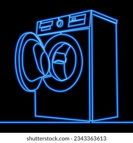 Continuous one single line drawing Washing machine for washing cloth icon neon glow vector illustration concept