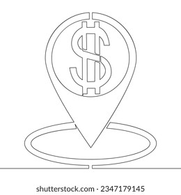 Continuous one single line drawing dollar map pin navigation pointer, location marker icon vector illustration concept