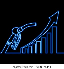 Continuous one single line drawing Oil price rising Gasoline fuel pump nozzle growth bar chart icon neon glow vector illustration concept