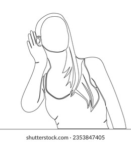 Continuous one single line drawing young girl holds her hand near her ear. The woman listening intently icon vector illustration concept