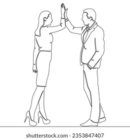 Continuous one single line drawing High-five. Young man and woman giving high-five success and cooperation icon vector illustration concept