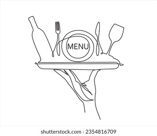 Continuous one single line drawing of hand holding dish with plate, fork, knife, bottle of wine and glass. Menu food design. Vector illustration.