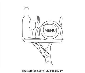 Dibujo continuo de una sola línea del plato de mano con placa, tenedor, cuchillo, botella de vino y vidrio. Diseño de la comida a la carta. Ilustración vectorial.