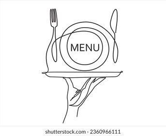 Continuous one single line drawing hand holding dish and plate  fork   knife  Menu food design  Vector illustration 