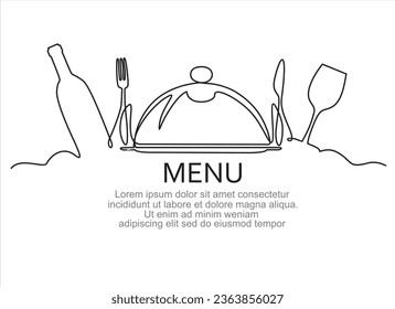 Continuous one single line drawing of fork, knife, bottle of wine, glass and metal cover. Menu food design. Illustration with quote template. Can used for menu restaurant sketch