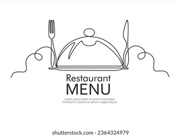 Continuous one single line drawing of fork, spoon and metal cover. Menu food design. Illustration with quote template. Can used for menu restaurant sketch