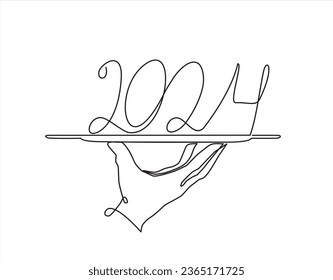 Continuous one single line drawing of Hand holding 2024 year one. Hand drawn continuous contour. Holiday concept, festive New year handwriting text, minimalist design. 