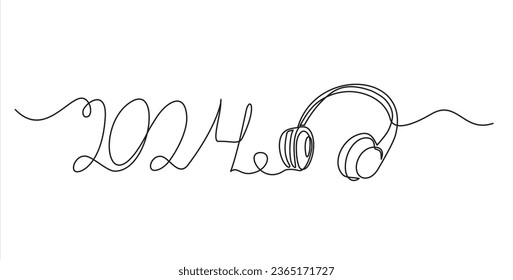 Continuous one single line drawing of Headphone and 2024. Hand drawn device gadget continuous contour.Listen in 2024 New Year hits of music.