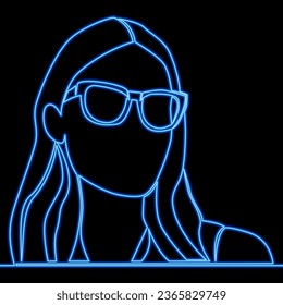 Retrato continuo de dibujo de una sola línea de una chica con icono de lentes neón resplandor concepto de ilustración vectorial