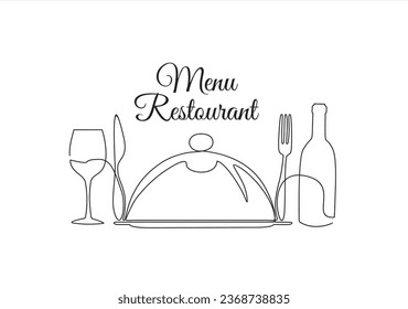 Continuous one single line drawing of fork, knife, bottle of wine, glass and metal cover. Menu food design. Illustration with quote template. Can used for menu restaurant sketch