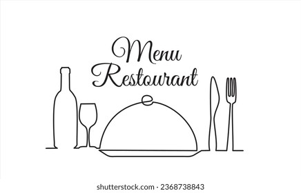 Continuous one single line drawing of fork, knife, bottle of wine, glass and metal cover. Menu food design. Illustration with quote template. Can used for menu restaurant sketch