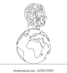 Dibujo continuo de una sola línea Machine Learning, inteligencia artificial, computación en nube y redes con Earth Globe, concepto de ilustración vectorial de icono de red