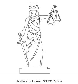 Continuous one single line drawing lady justice blindfolded icon vector illustration concept