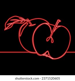 Continuous one single line drawing Red apple icon neon glow vector illustration concept