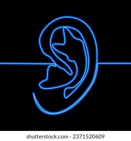 Continuous one single line drawing Human ear icon neon glow vector illustration concept