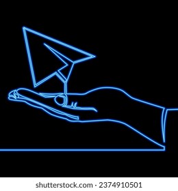 Continuous one single line drawing Hand launches into the sky airplane icon neon glow vector illustration concept of traveling