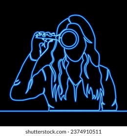 Continuous one single line drawing Searching investigation and research woman standing and holding magnifying glass icon neon glow vector illustration concept