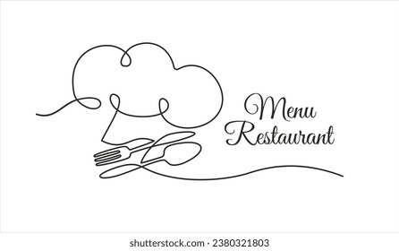 Continuous one single line drawing of fork, spoon and chef hat or cap . Restaurant menu. Menu food design. Illustration with quote template. Can used for menu restaurant sketch