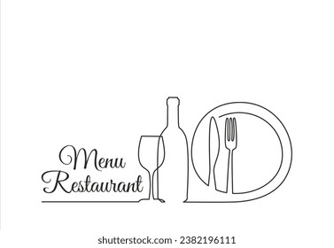Continuous one single line drawing of plate, fork, knife, bottle of wine and glass. Restaurant menu. Menu food design. Vector illustration.
