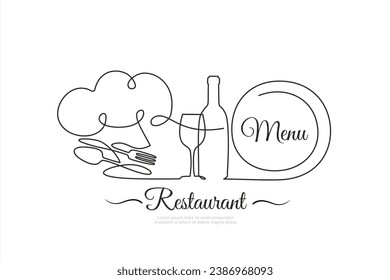 Continuous one single line drawing of fork, knife, bottle of wine, glass and chef hat or cap . Menu food design. Illustration with quote template. Can used for menu restaurant sketch